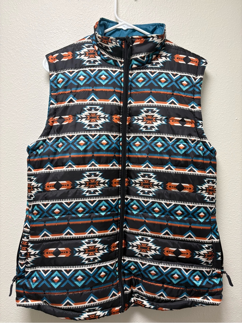 Janie Multicolor Aztec Geometric Puffer Vest Full Zip Sleeveless Women’s L